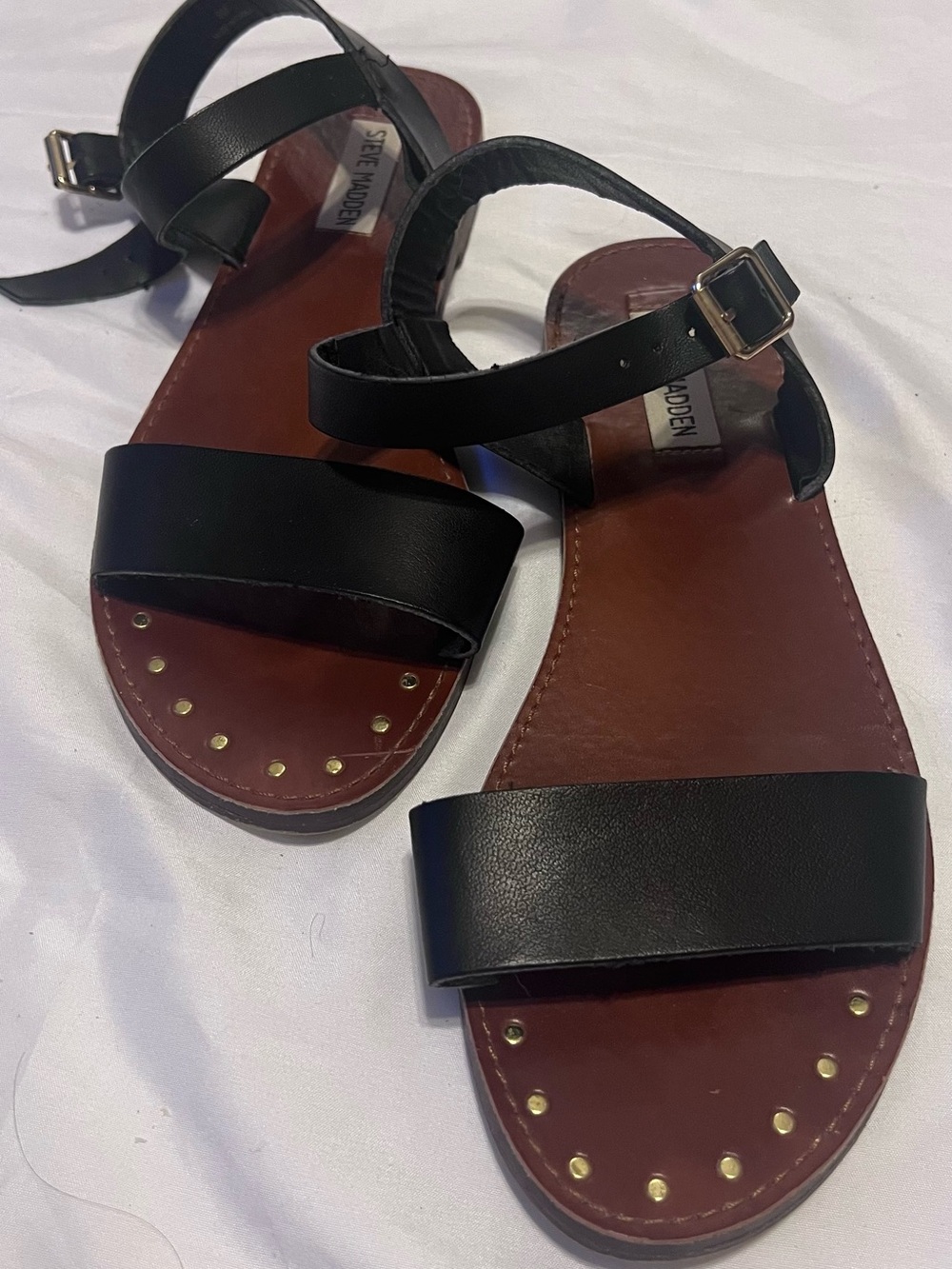 Steve Madden Black Strappy Leather Sandals with Gold Studs